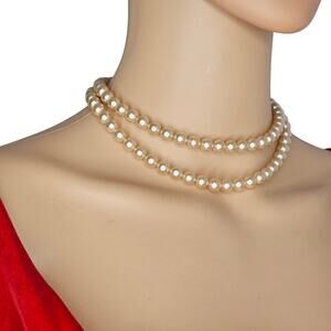1950s Champagne Color Double Strand Faux Pearl Choker Necklace Gemstone Closure